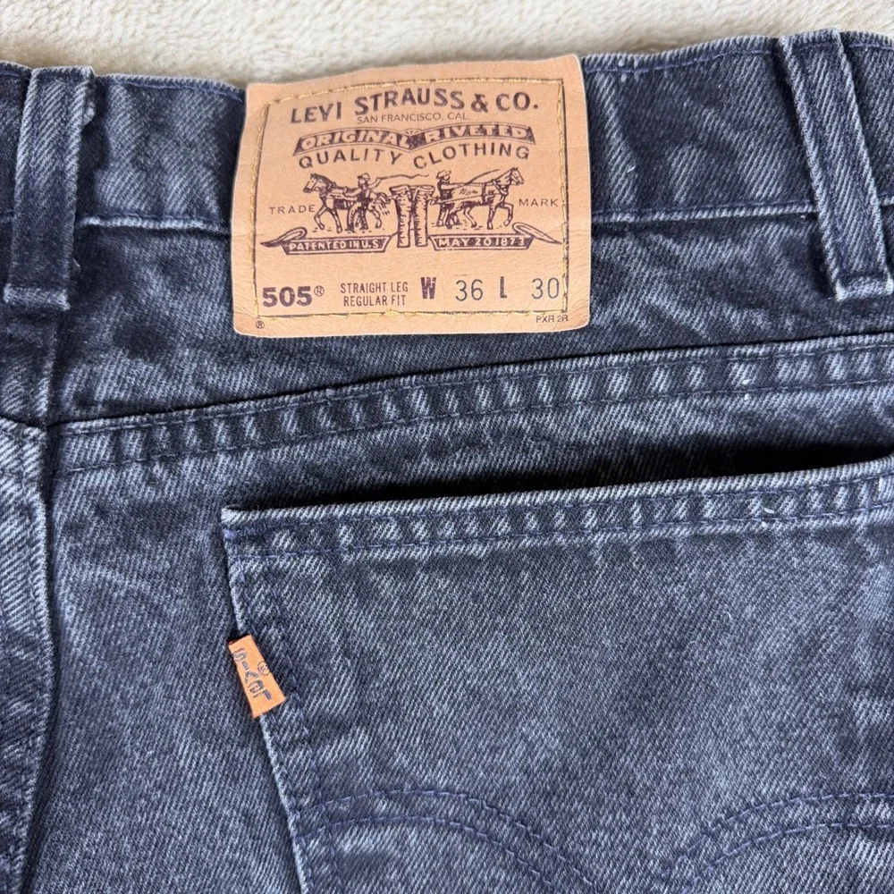 Vintage Levis 505 Orange Tab Mens 36x30 Faded Black Straight Leg Jeans USA Made